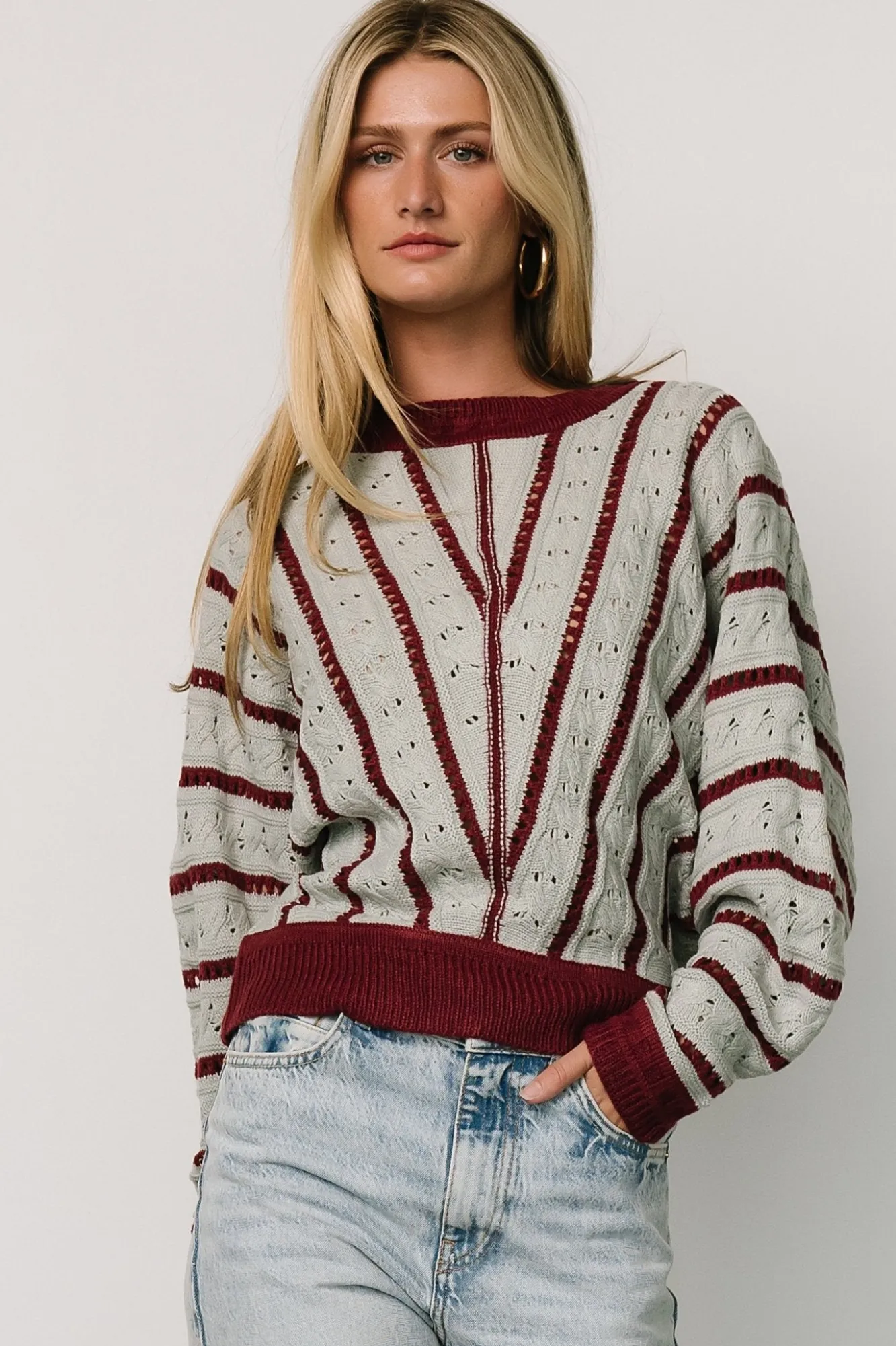Baltic Born Paola Pointelle Sweater | Light Blue + Burgundy