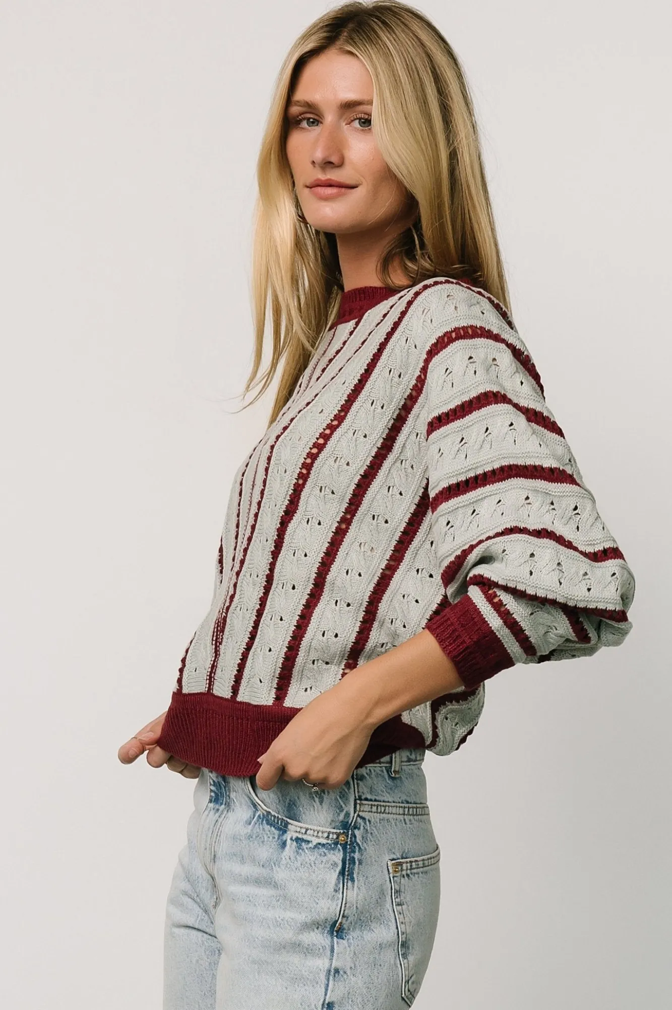 Baltic Born Paola Pointelle Sweater | Light Blue + Burgundy