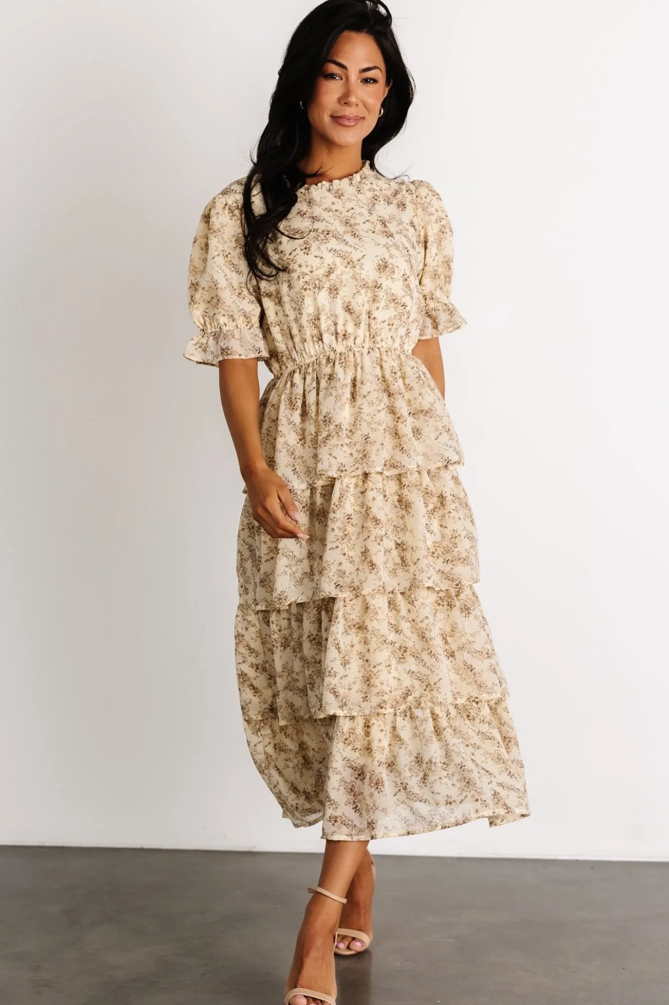 Baltic Born Pia Tiered Midi Dress | Pale Yellow Floral