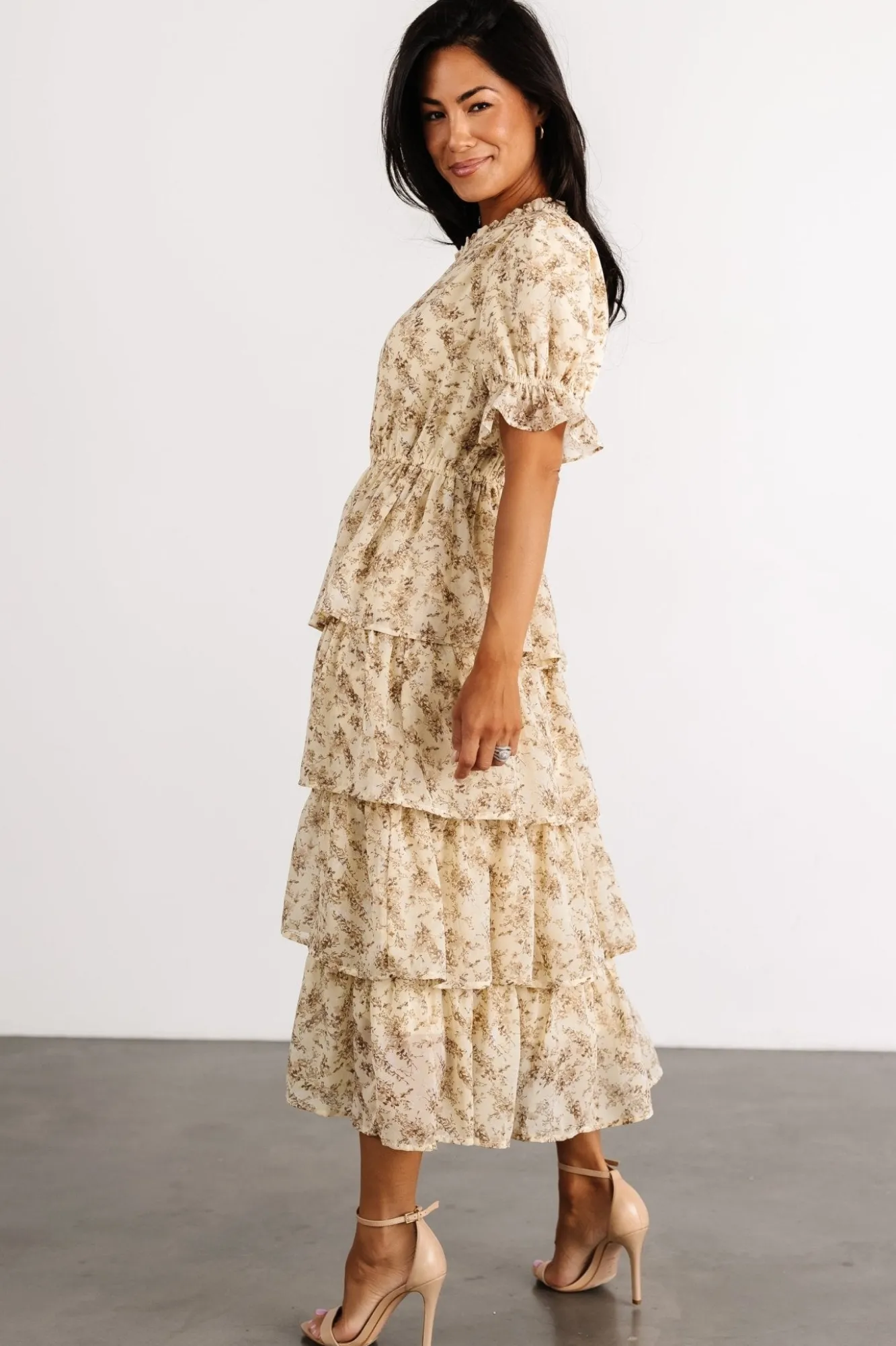 Baltic Born Pia Tiered Midi Dress | Pale Yellow Floral