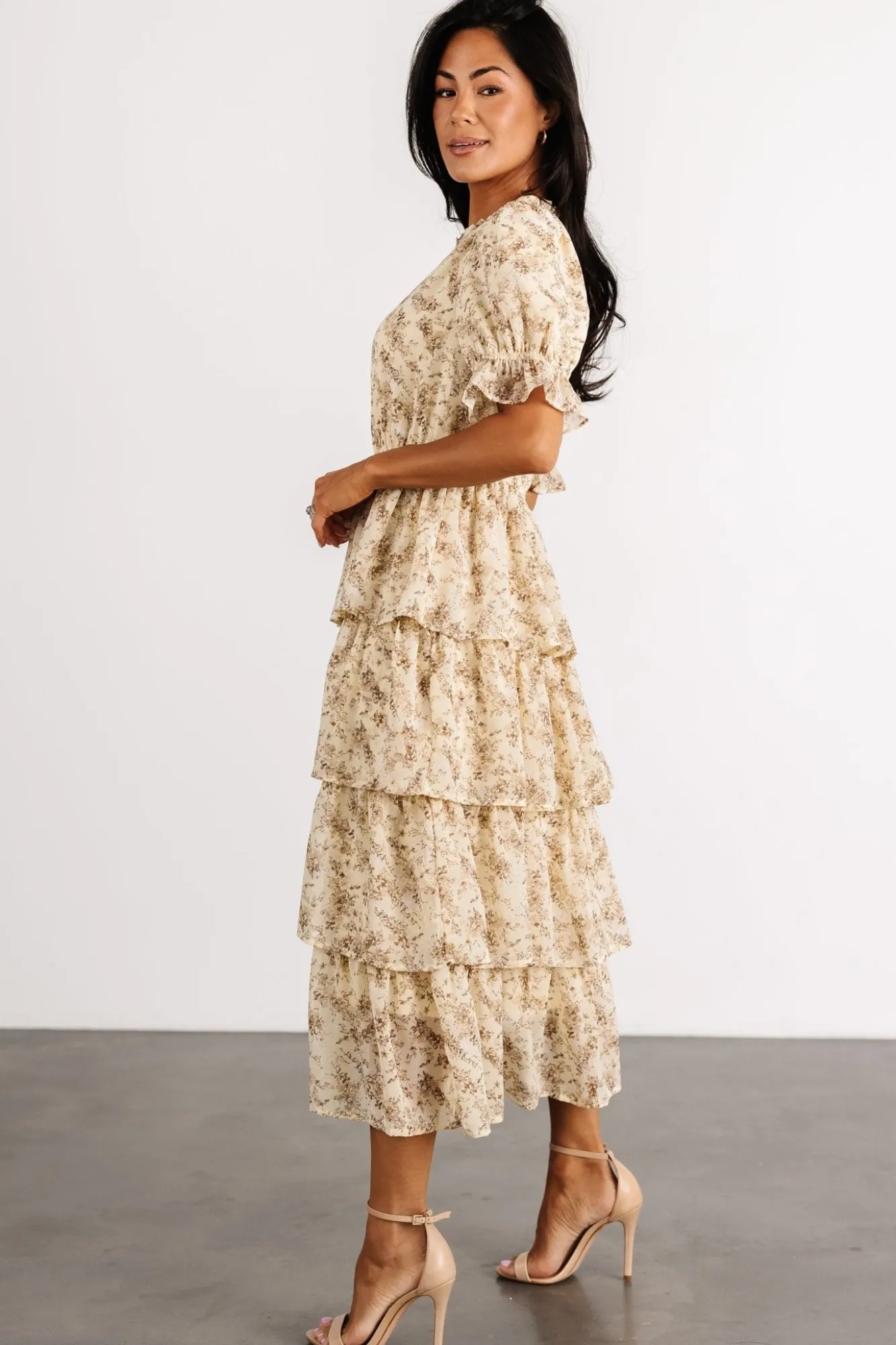 Baltic Born Pia Tiered Midi Dress | Pale Yellow Floral