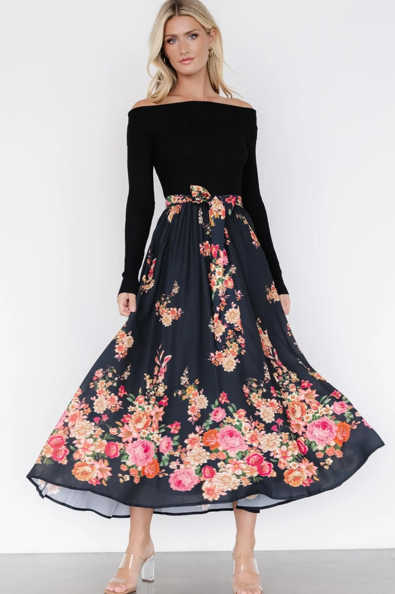 Baltic Born Qadira Off Shoulder Dress | Black + Multi Floral