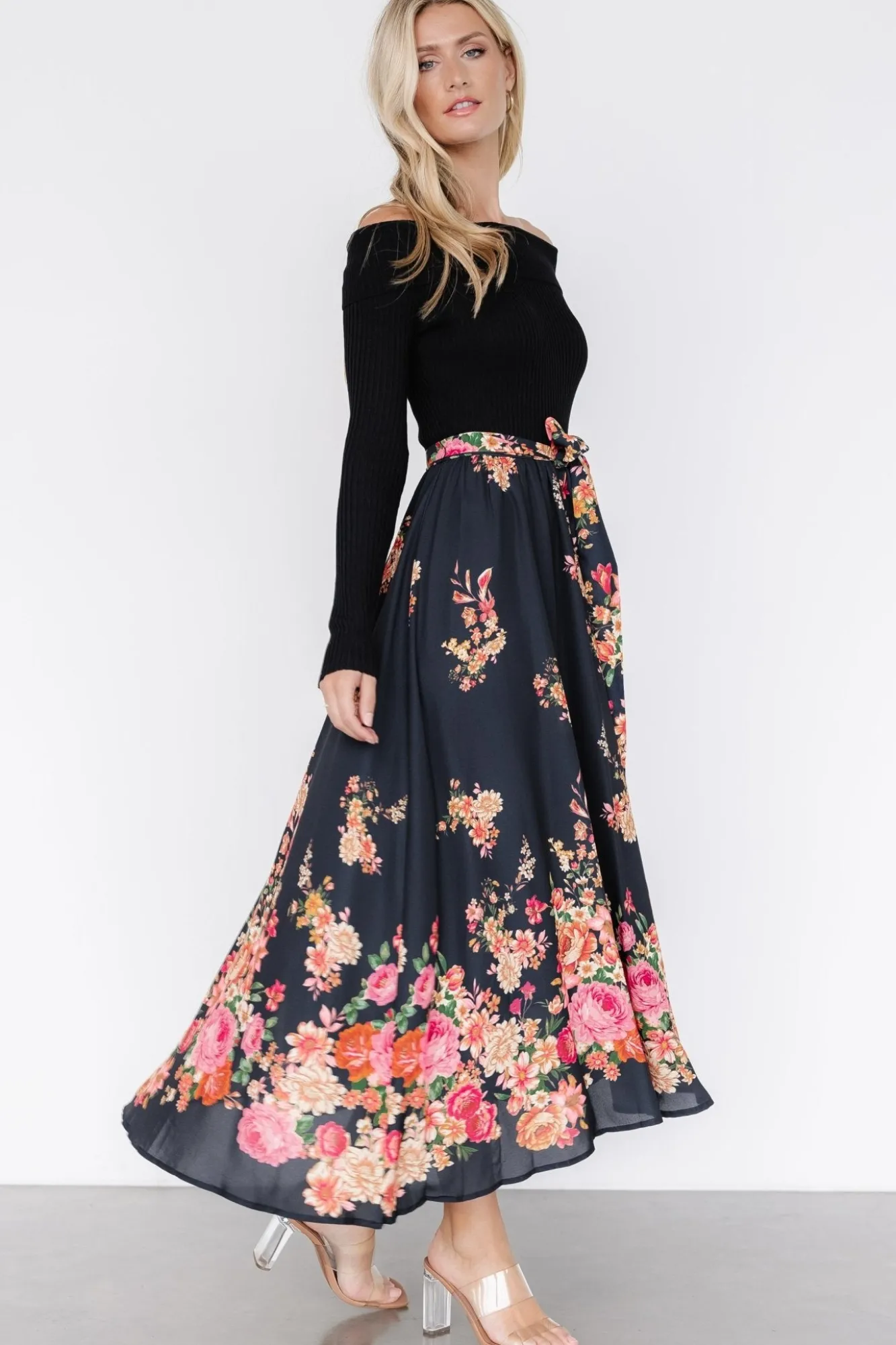 Baltic Born Qadira Off Shoulder Dress | Black + Multi Floral
