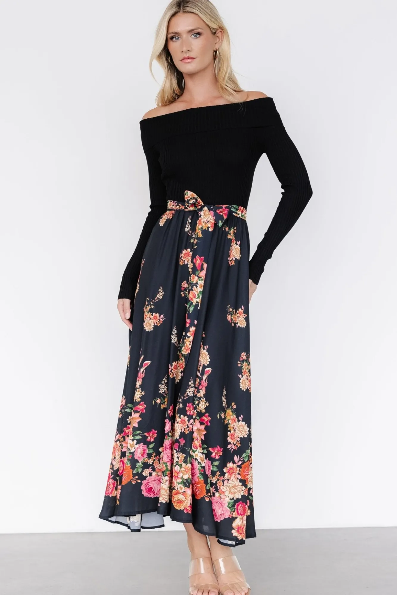 Baltic Born Qadira Off Shoulder Dress | Black + Multi Floral