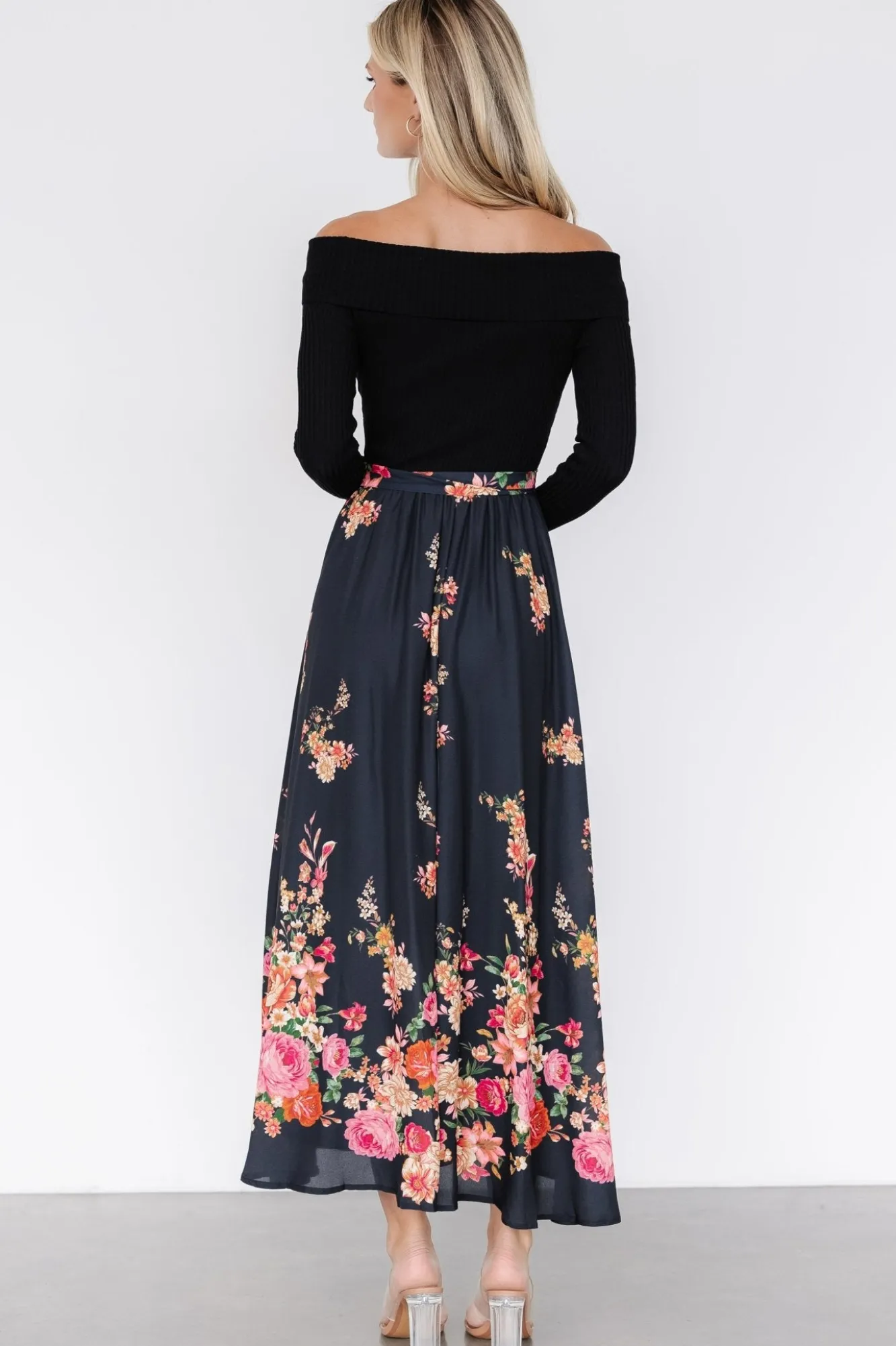 Baltic Born Qadira Off Shoulder Dress | Black + Multi Floral