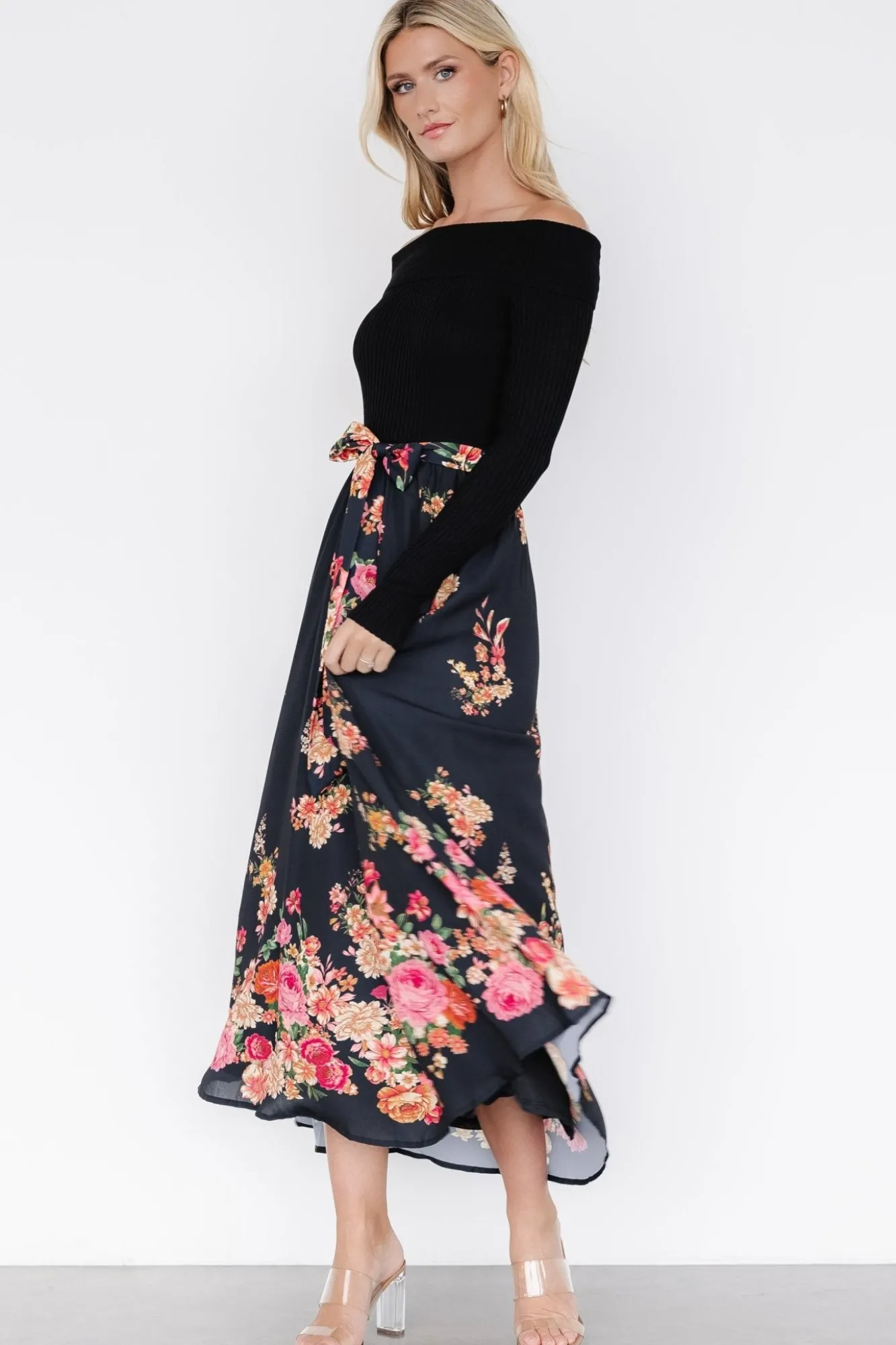 Baltic Born Qadira Off Shoulder Dress | Black + Multi Floral