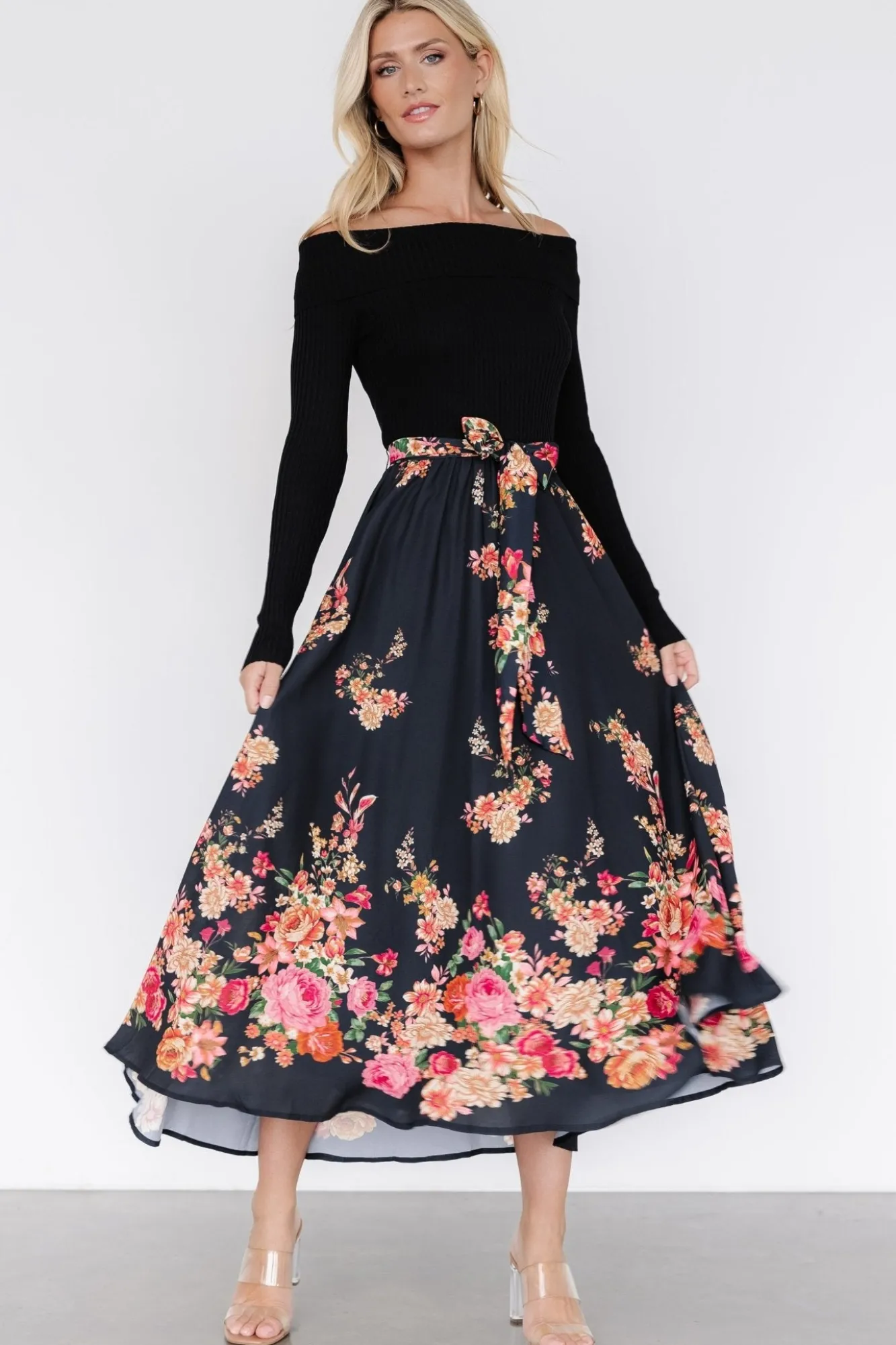 Baltic Born Qadira Off Shoulder Dress | Black + Multi Floral