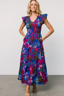 Baltic Born Ranchero Smocked Maxi Dress | Cobalt + Fuchsia Print