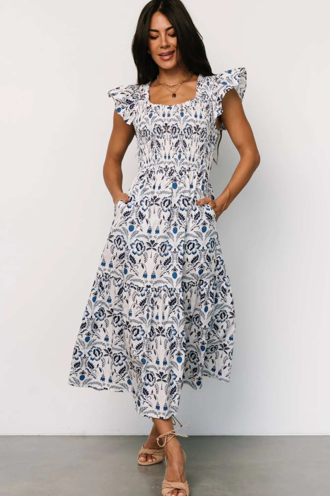 Baltic Born Rhodes Smocked Dress | White + Blue Print