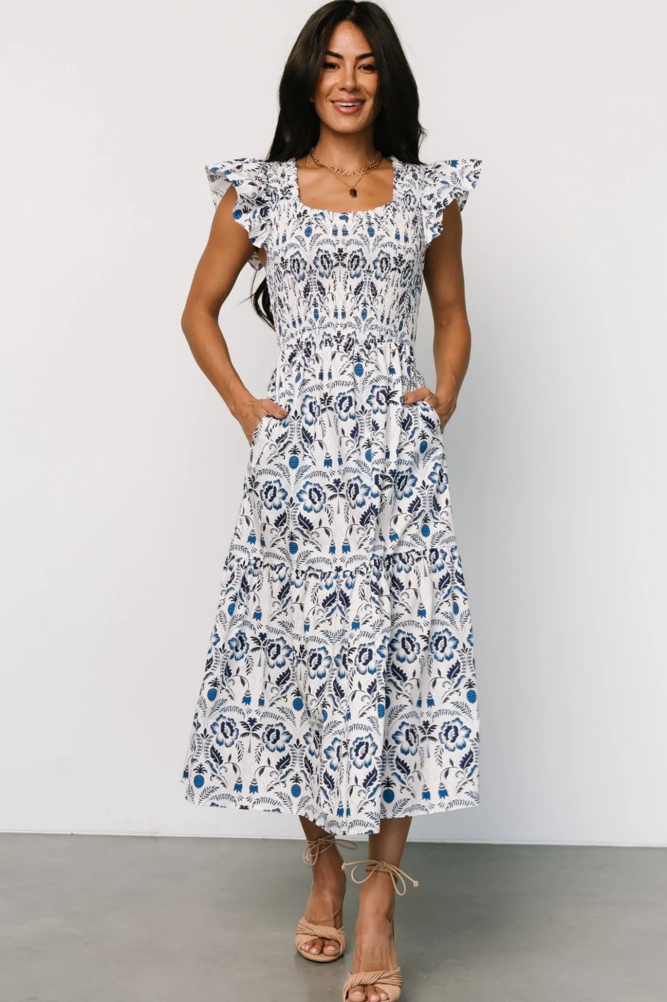 Baltic Born Rhodes Smocked Dress | White + Blue Print