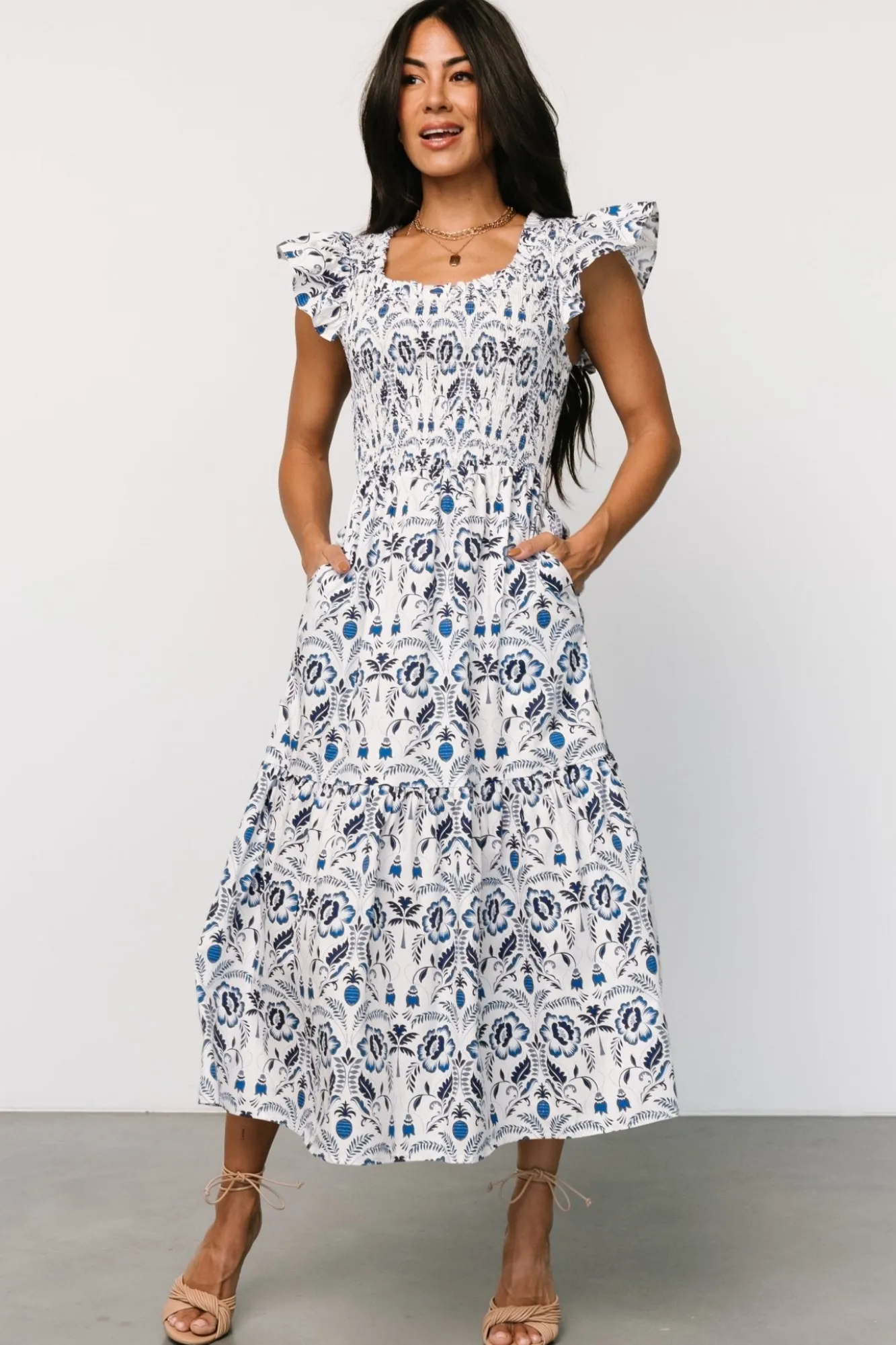 Baltic Born Rhodes Smocked Dress | White + Blue Print