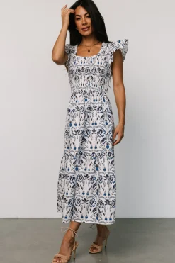 Baltic Born Rhodes Smocked Dress | White + Blue Print