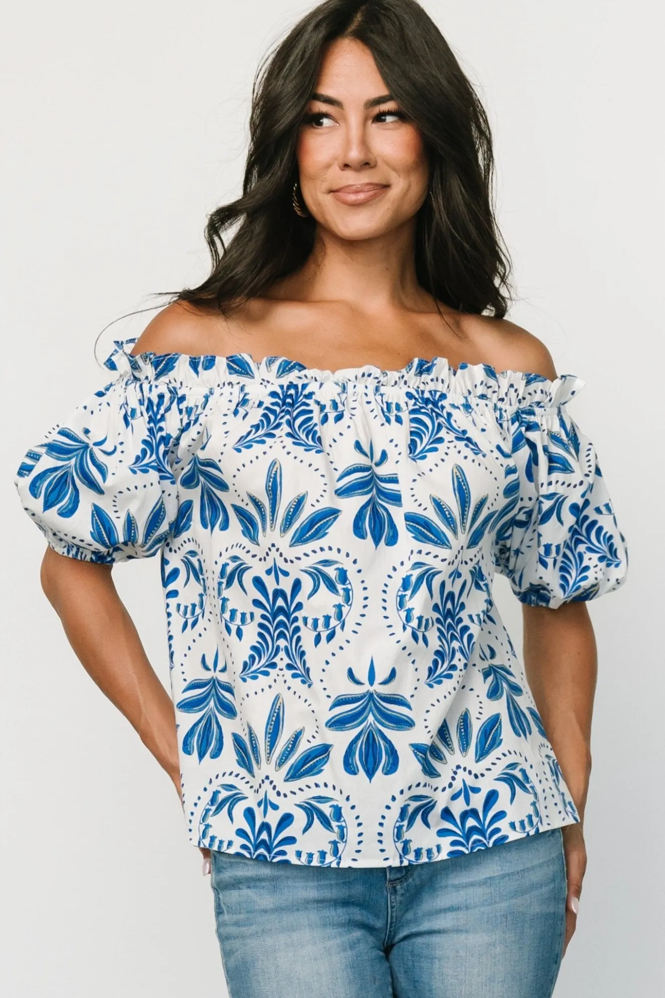 Baltic Born Santorini Off Shoulder Top | White + Blue