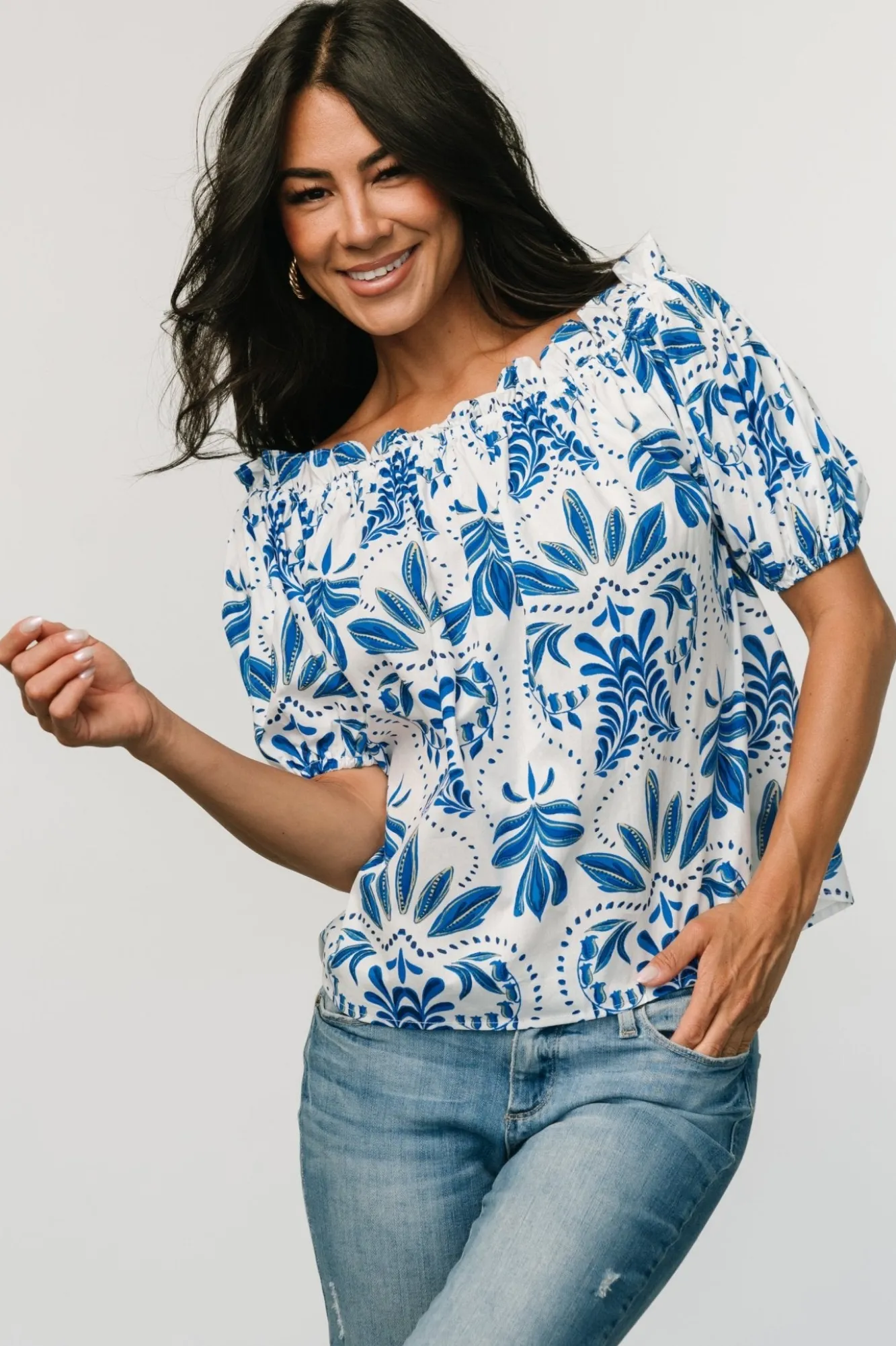 Baltic Born Santorini Off Shoulder Top | White + Blue