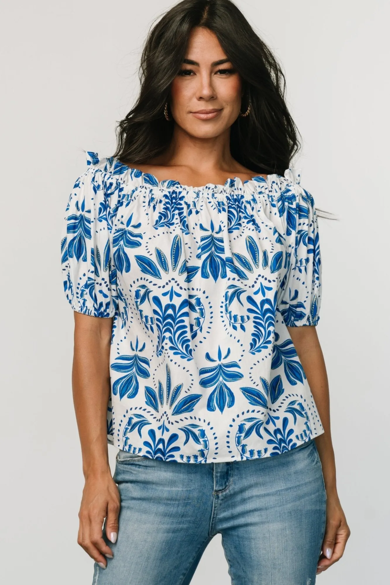 Baltic Born Santorini Off Shoulder Top | White + Blue