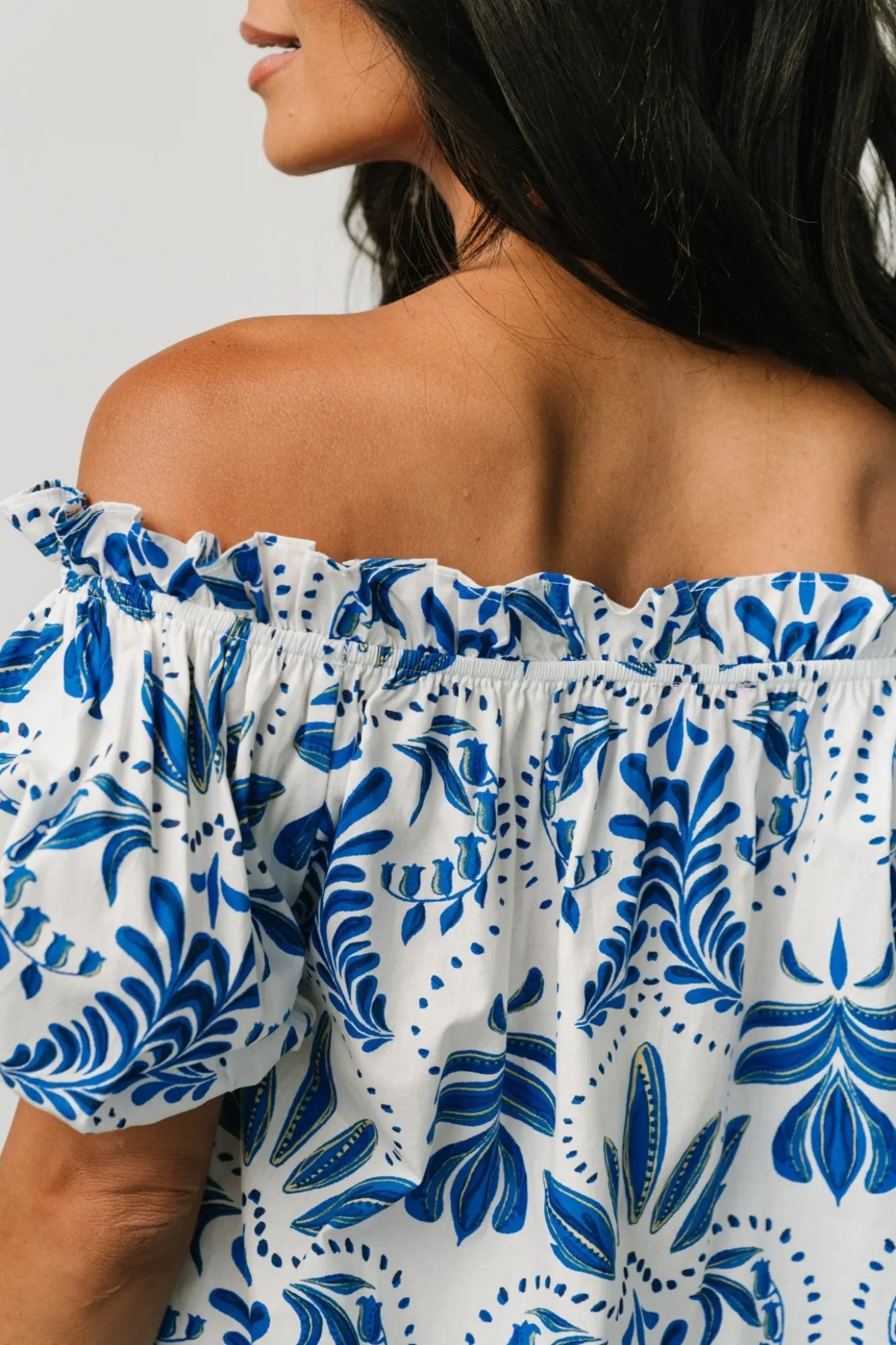 Baltic Born Santorini Off Shoulder Top | White + Blue