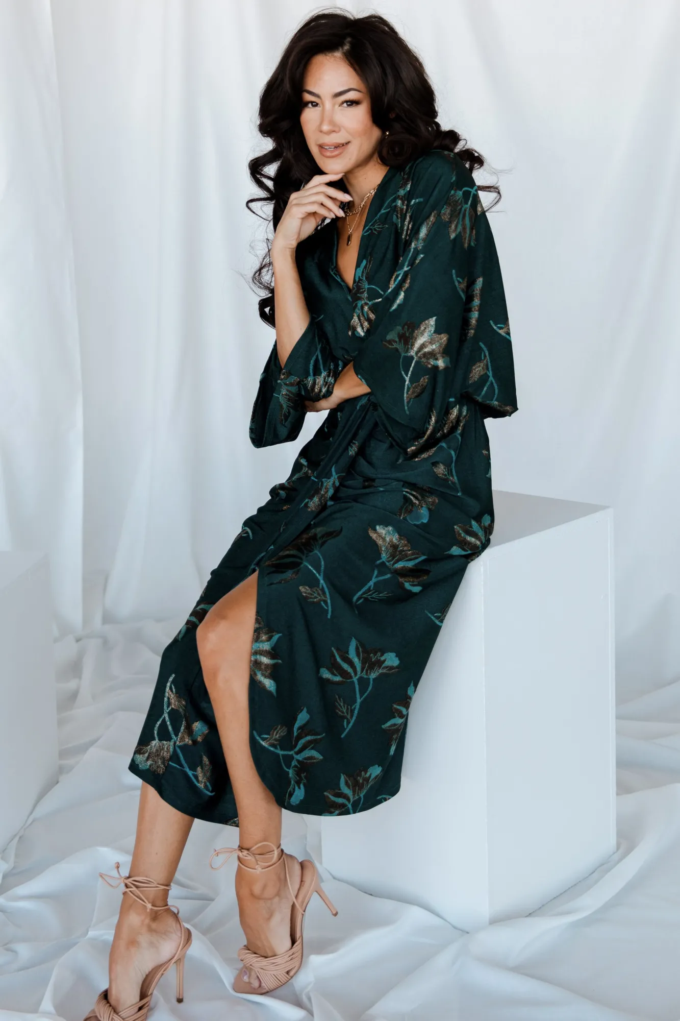 Baltic Born Shaneen Ruched Midi Dress | Jade Floral Shimmer