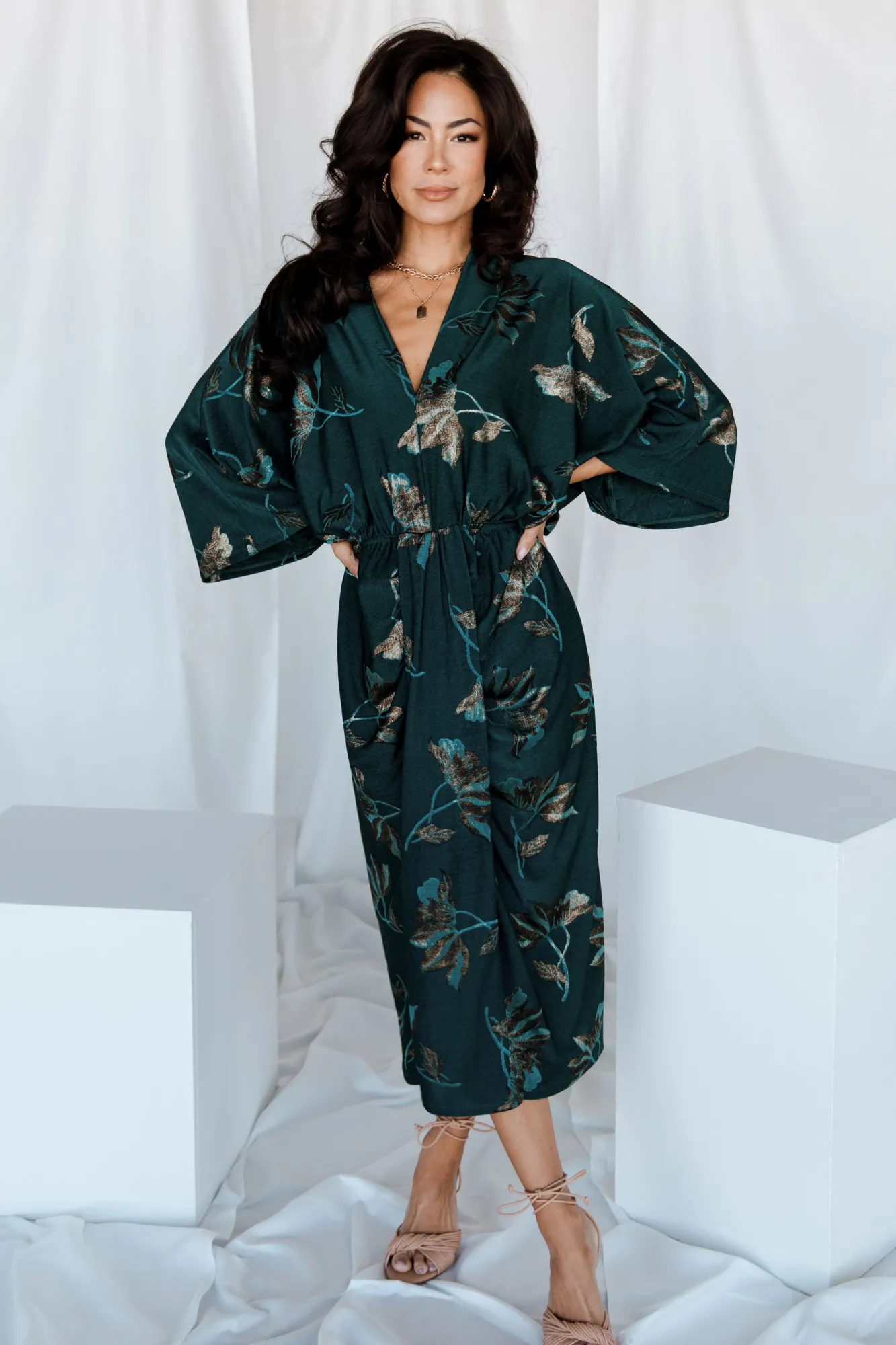 Baltic Born Shaneen Ruched Midi Dress | Jade Floral Shimmer