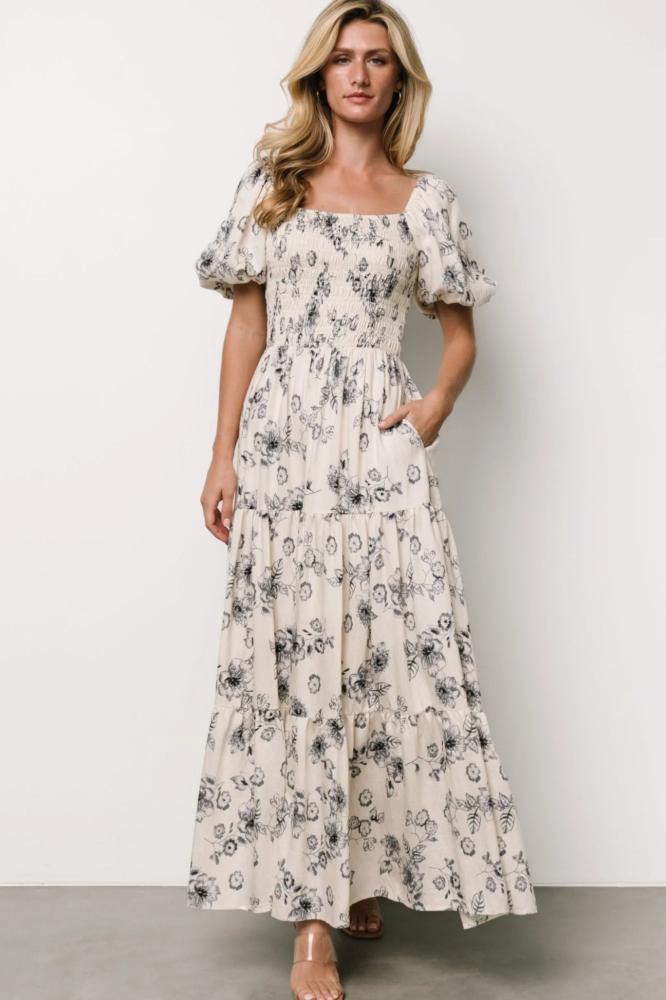 Baltic Born Susanna Smocked Maxi Dress | Ivory + Blue Floral