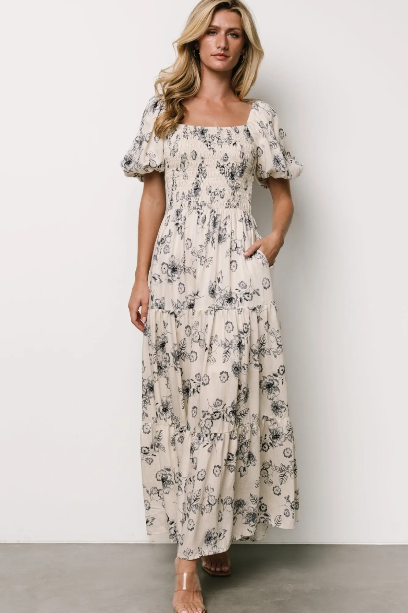 Baltic Born Susanna Smocked Maxi Dress | Ivory + Blue Floral