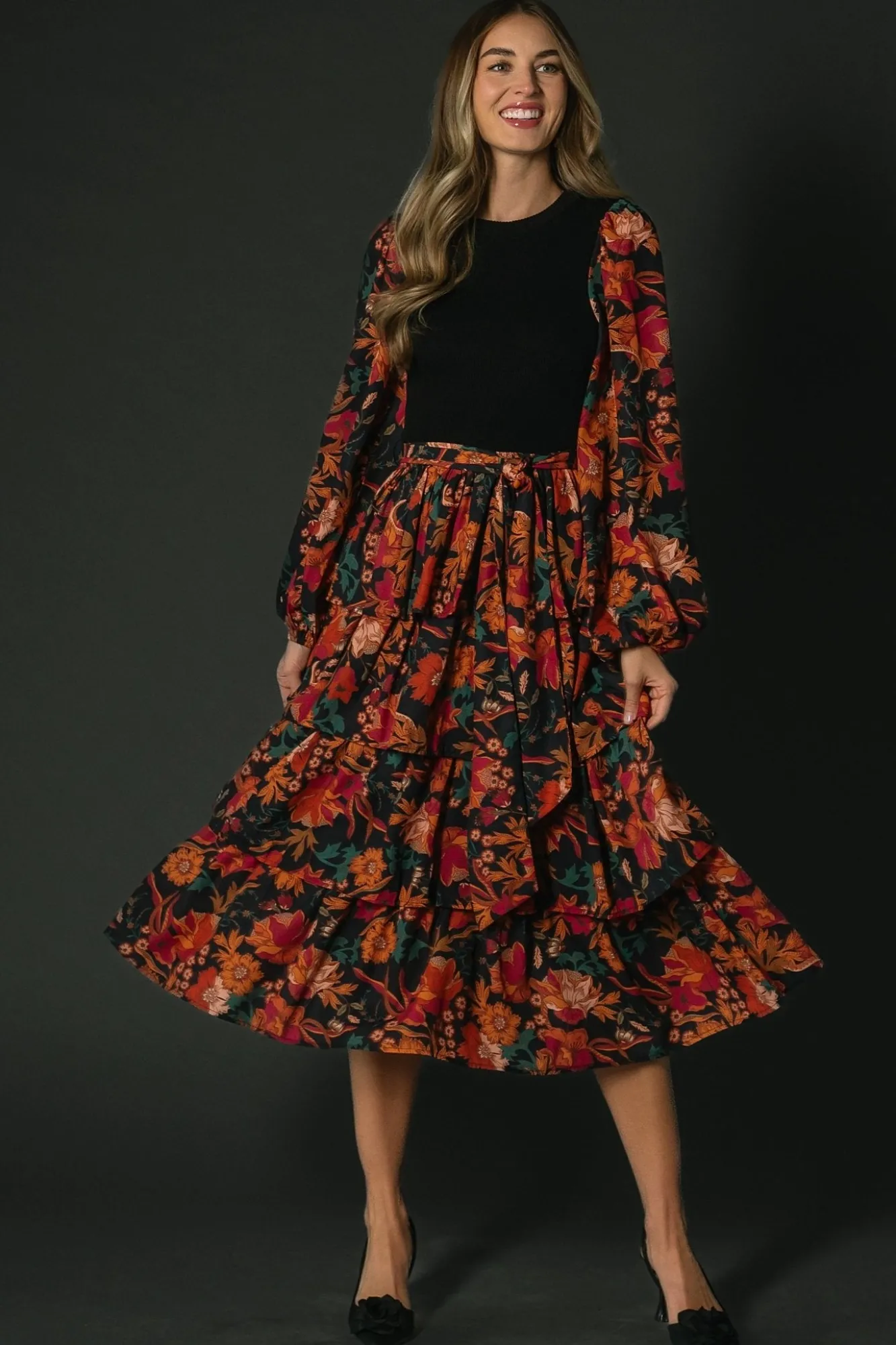 Baltic Born Sylvie Tiered Midi Dress | Black Multi