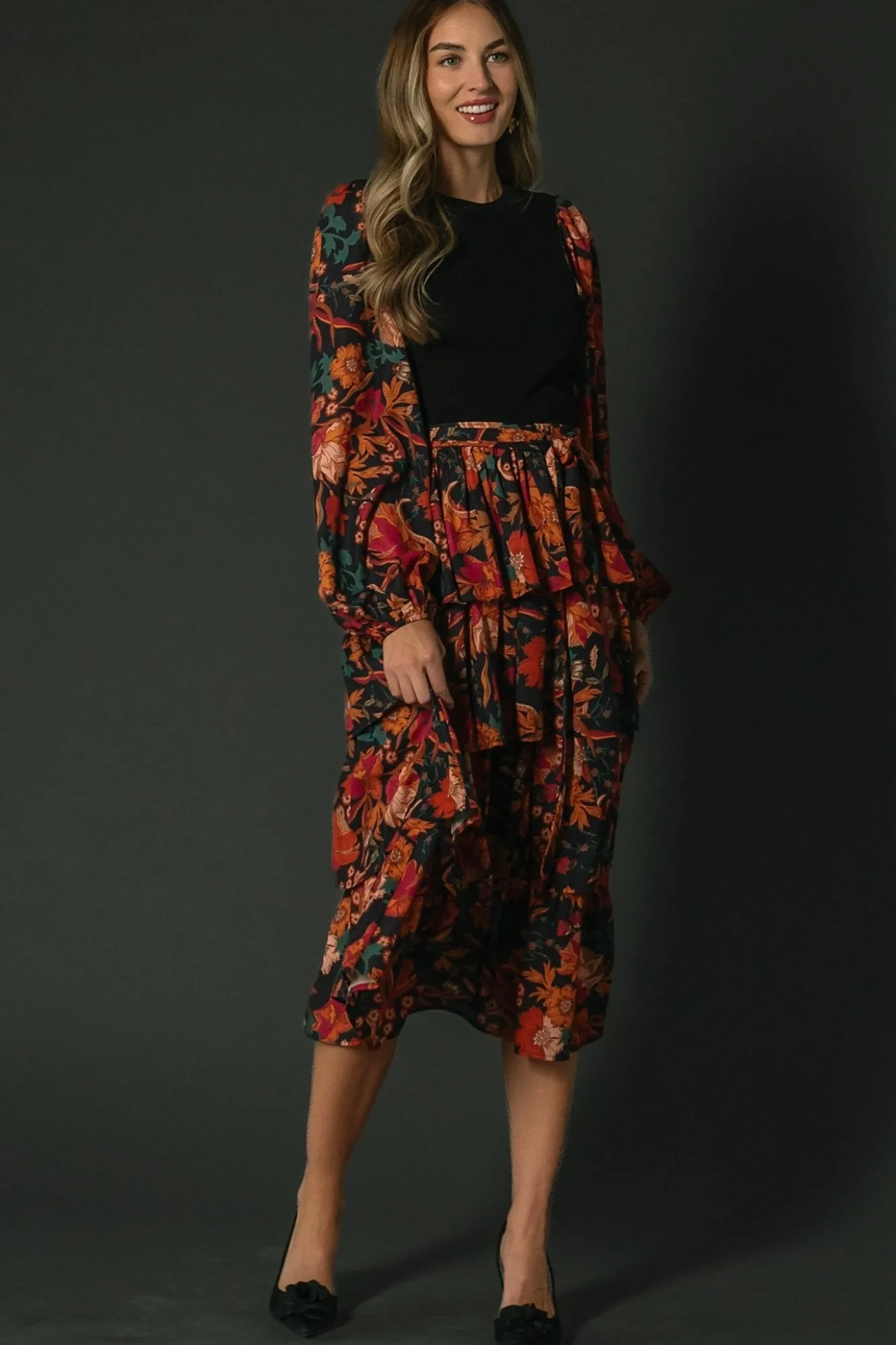 Baltic Born Sylvie Tiered Midi Dress | Black Multi
