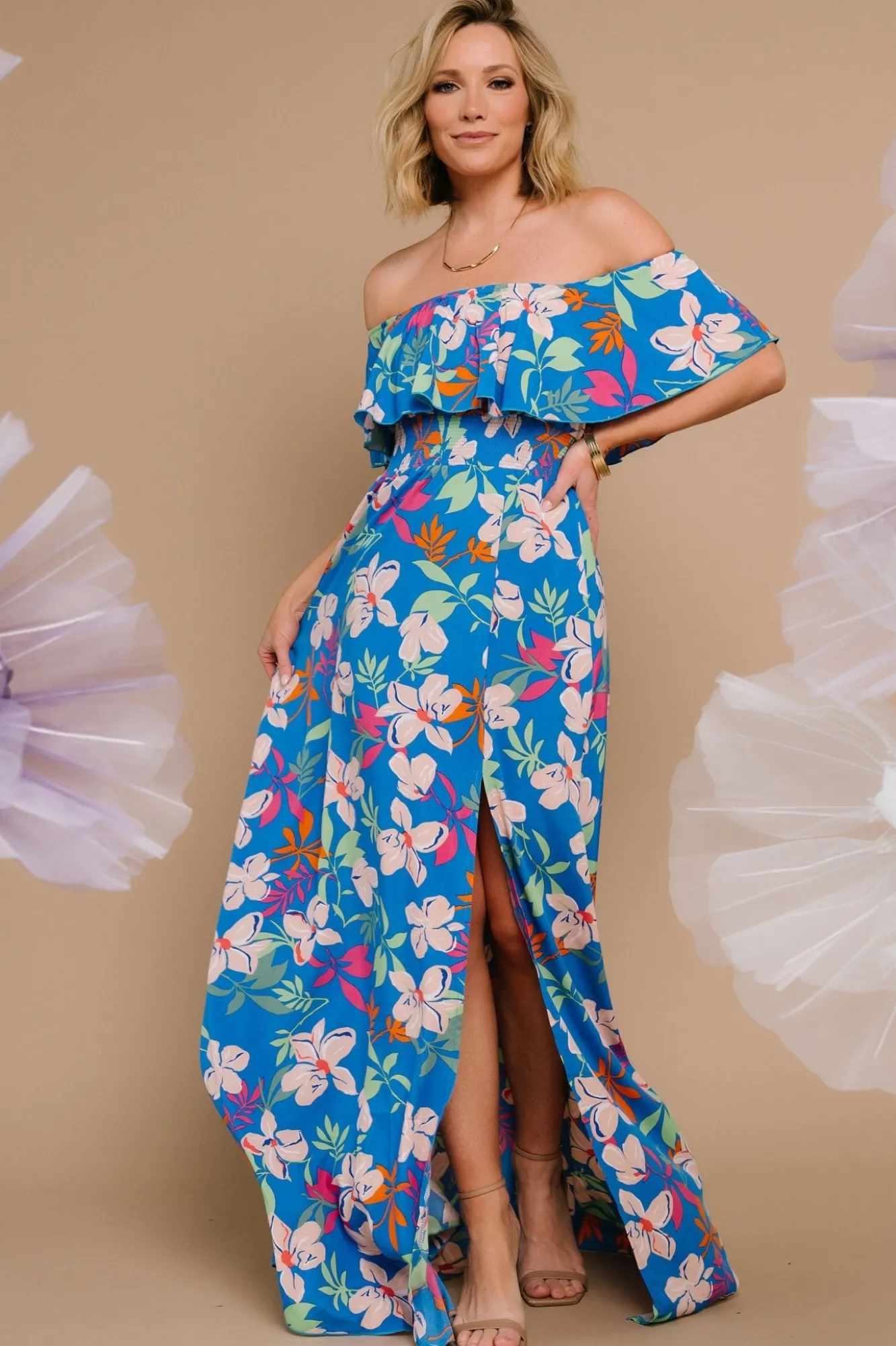 Baltic Born Talia Off Shoulder Maxi Dress | Blue Floral