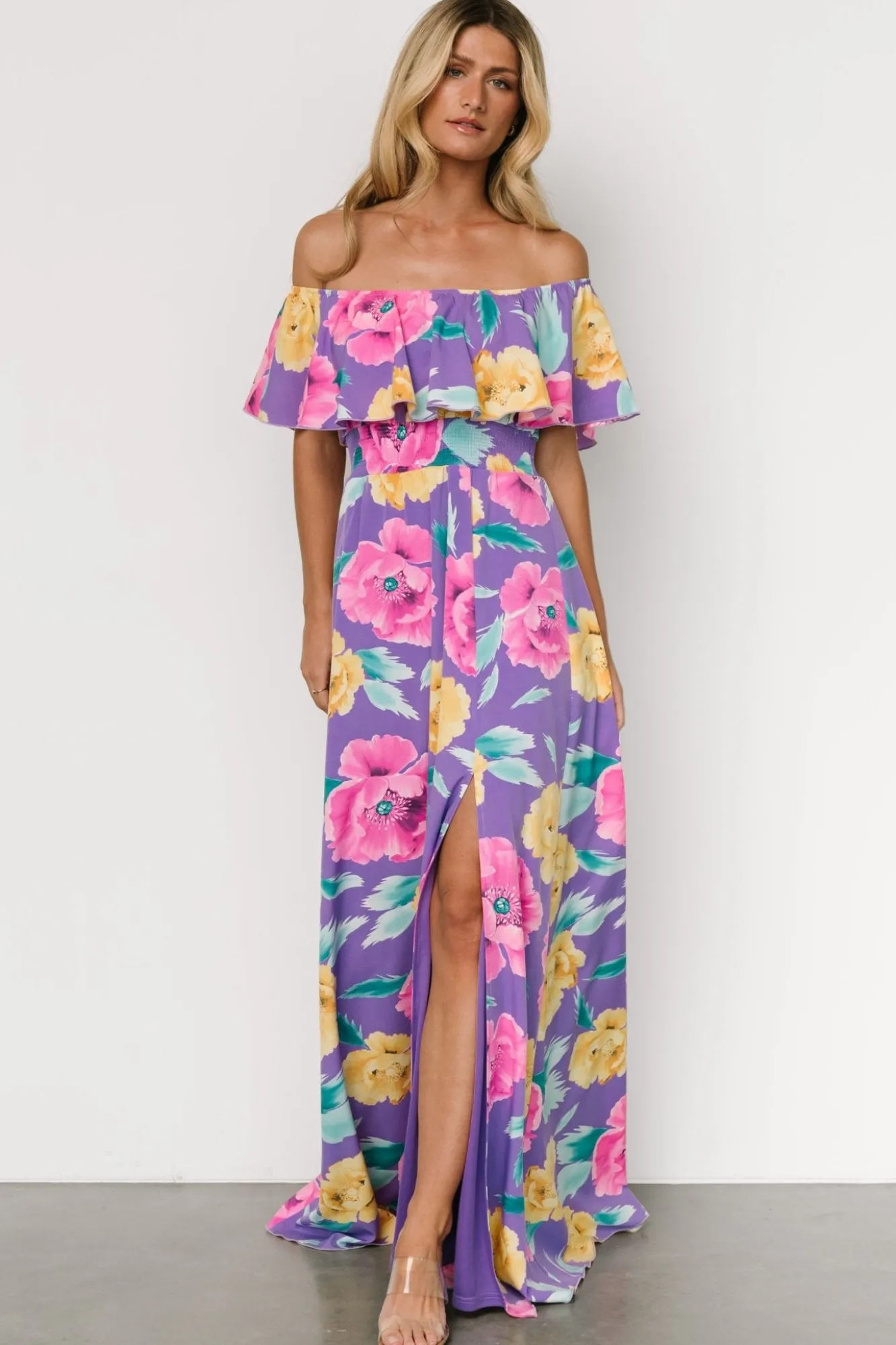 Baltic Born Talia Off Shoulder Maxi Dress | Purple Floral