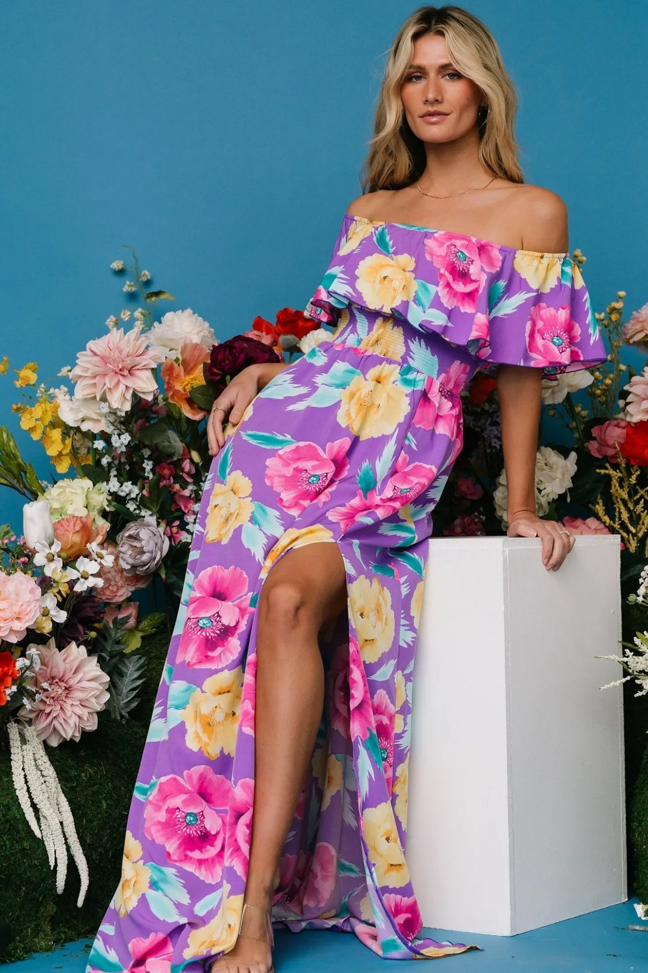 Baltic Born Talia Off Shoulder Maxi Dress | Purple Floral