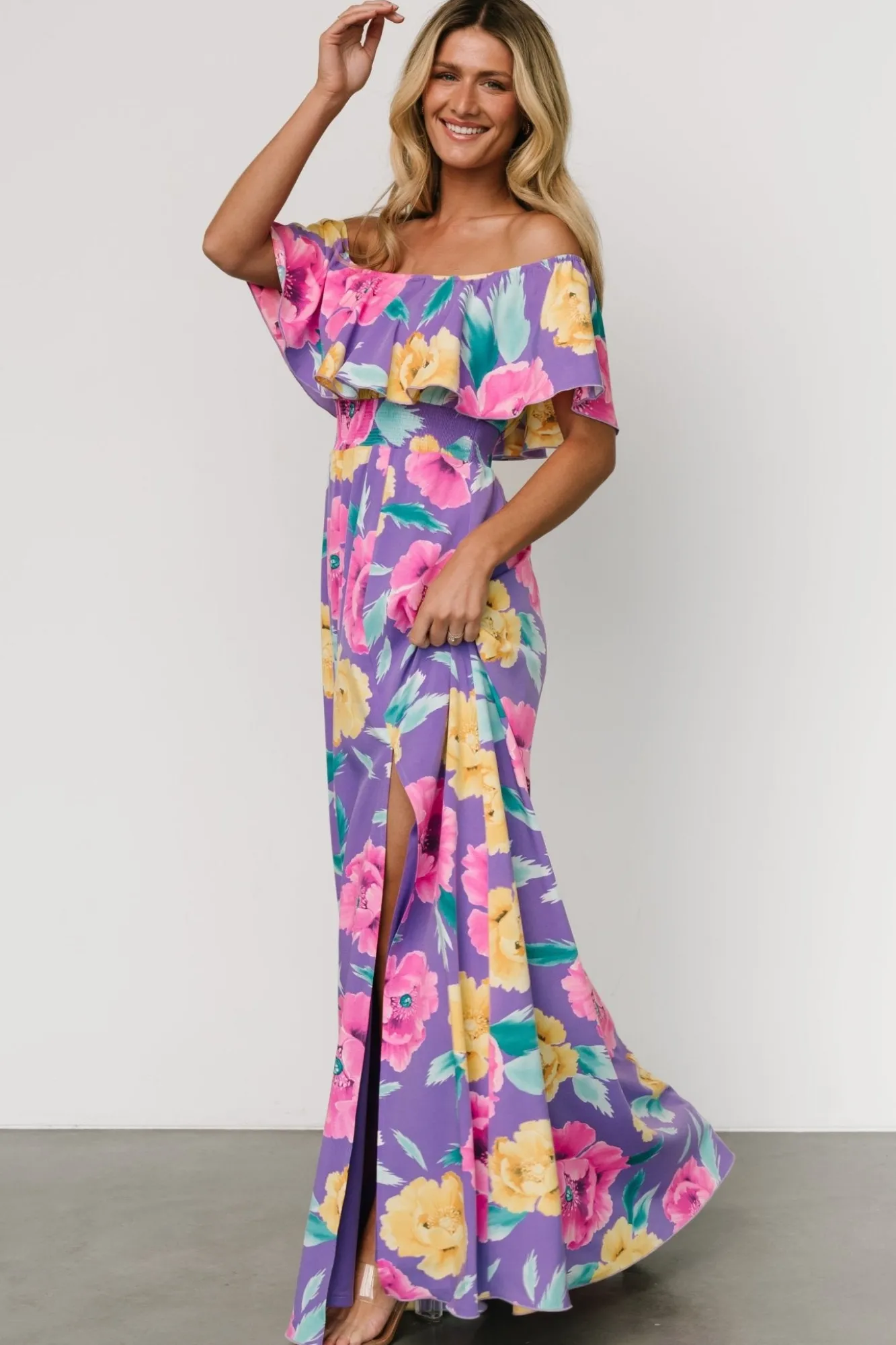 Baltic Born Talia Off Shoulder Maxi Dress | Purple Floral