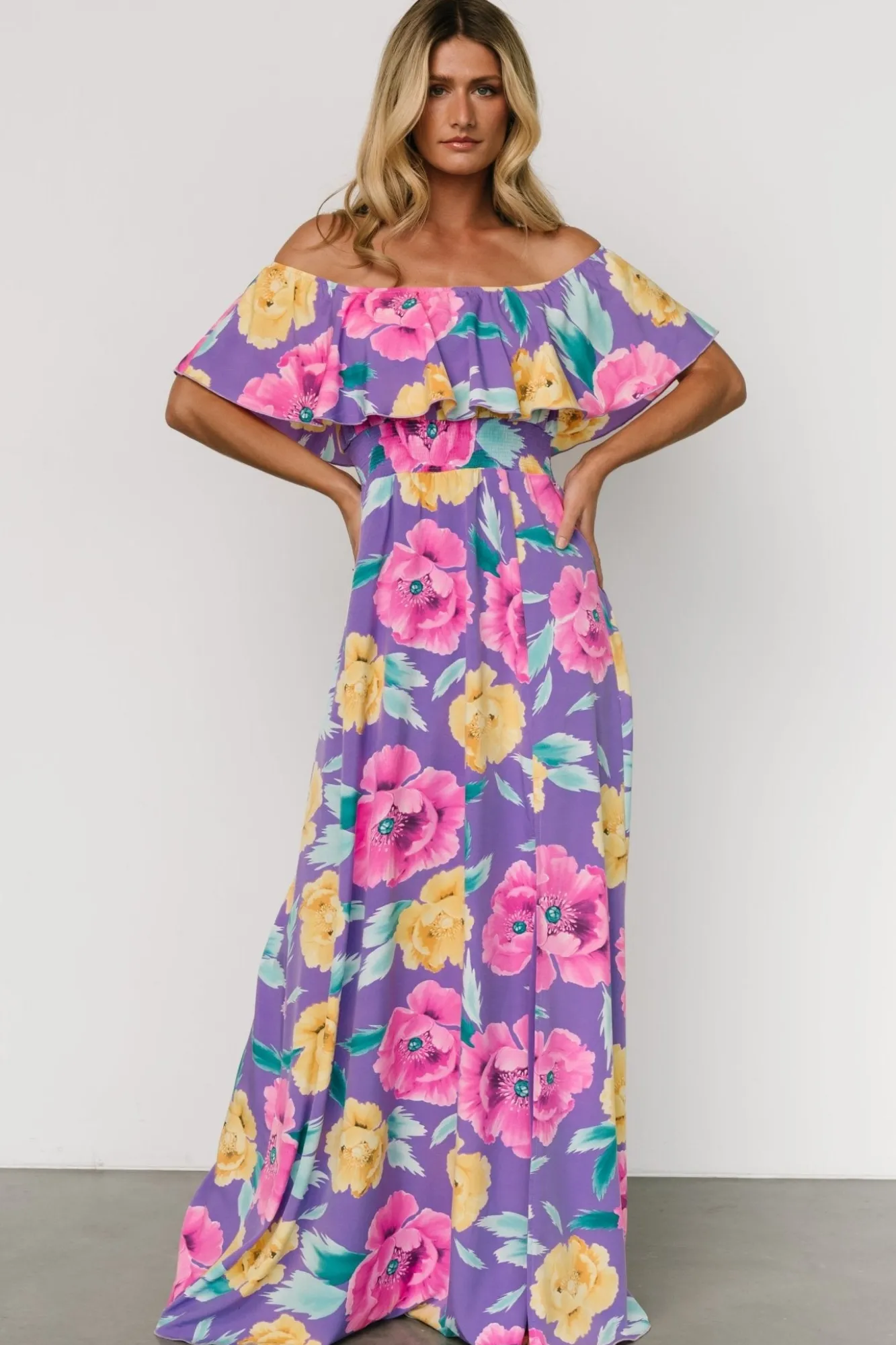 Baltic Born Talia Off Shoulder Maxi Dress | Purple Floral