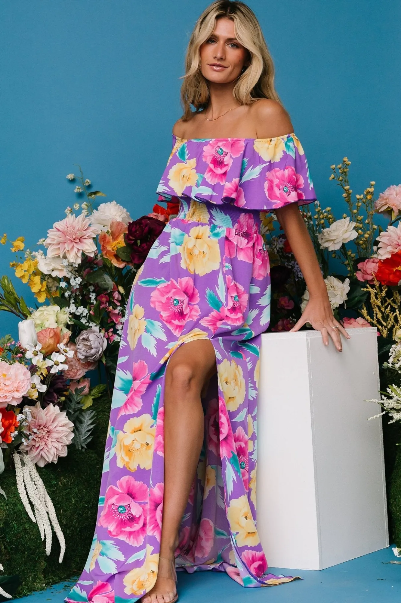 Baltic Born Talia Off Shoulder Maxi Dress | Purple Floral