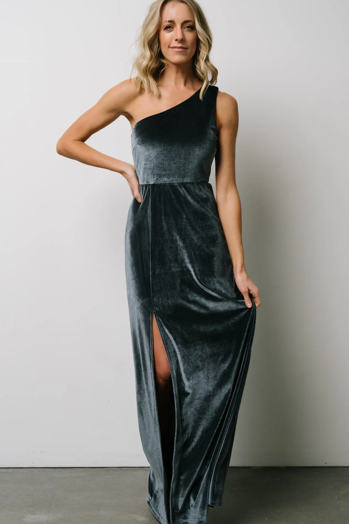 Baltic Born Tatiana Velvet One Shoulder Maxi Dress | Slate Blue