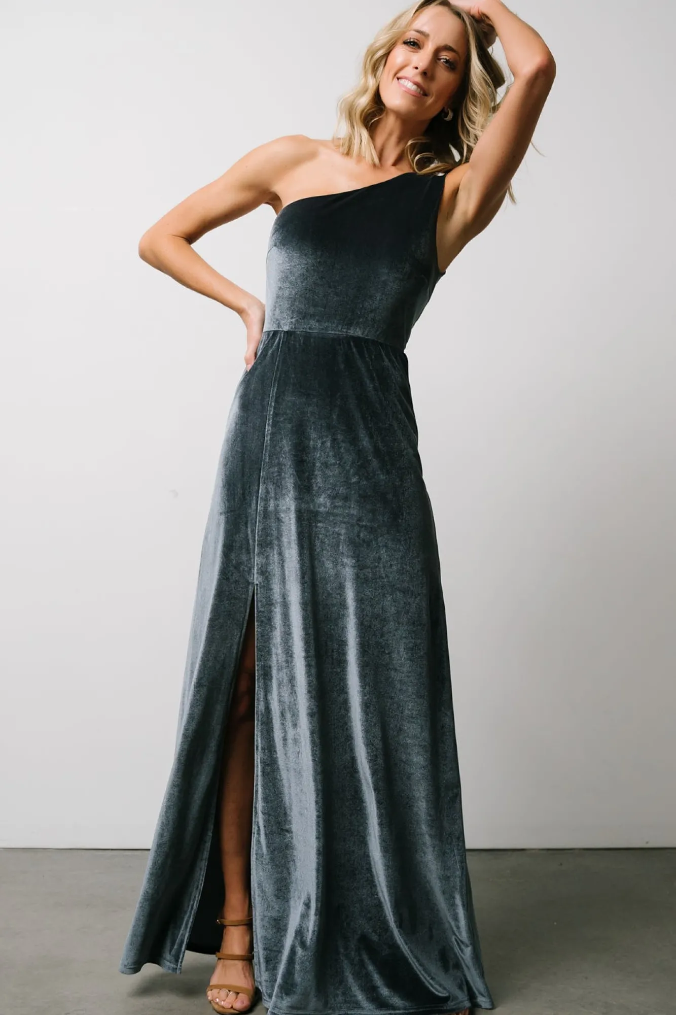 Baltic Born Tatiana Velvet One Shoulder Maxi Dress | Slate Blue