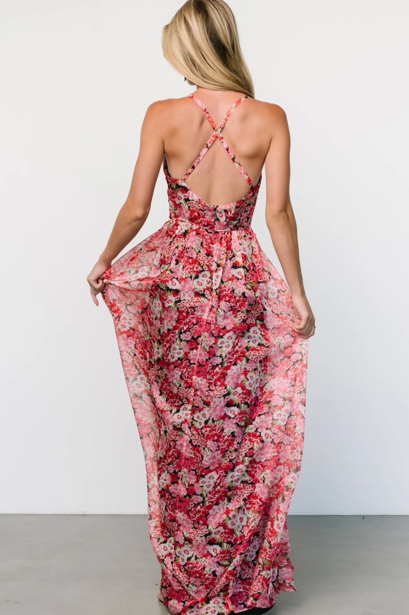 Baltic Born Tora Cross Back Maxi Dress | Black + Red Floral