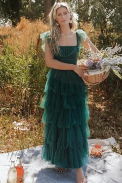 Baltic Born Valora Swiss Dot Tulle Maxi Dress | Dark Green