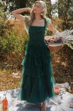 Baltic Born Valora Swiss Dot Tulle Maxi Dress | Dark Green
