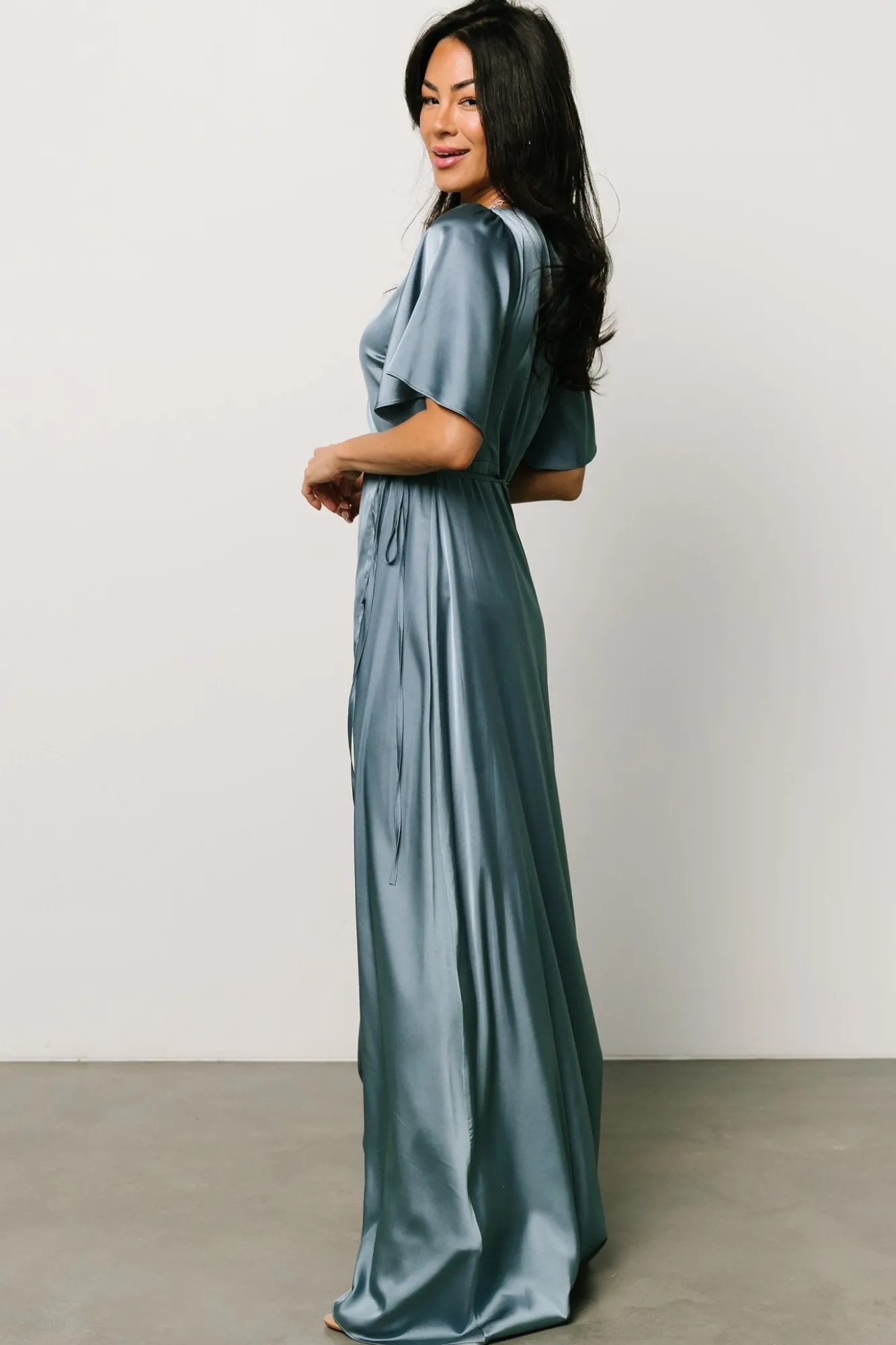 Baltic Born Vara Satin Maxi Wrap Dress | Dusty Blue