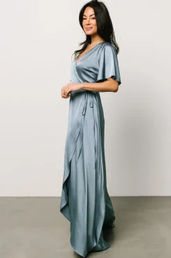 Baltic Born Vara Satin Maxi Wrap Dress | Dusty Blue