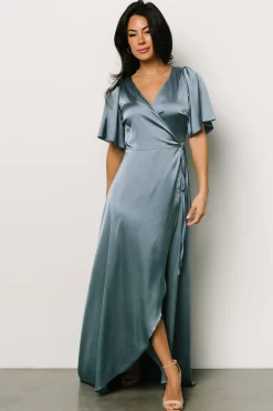 Baltic Born Vara Satin Maxi Wrap Dress | Dusty Blue