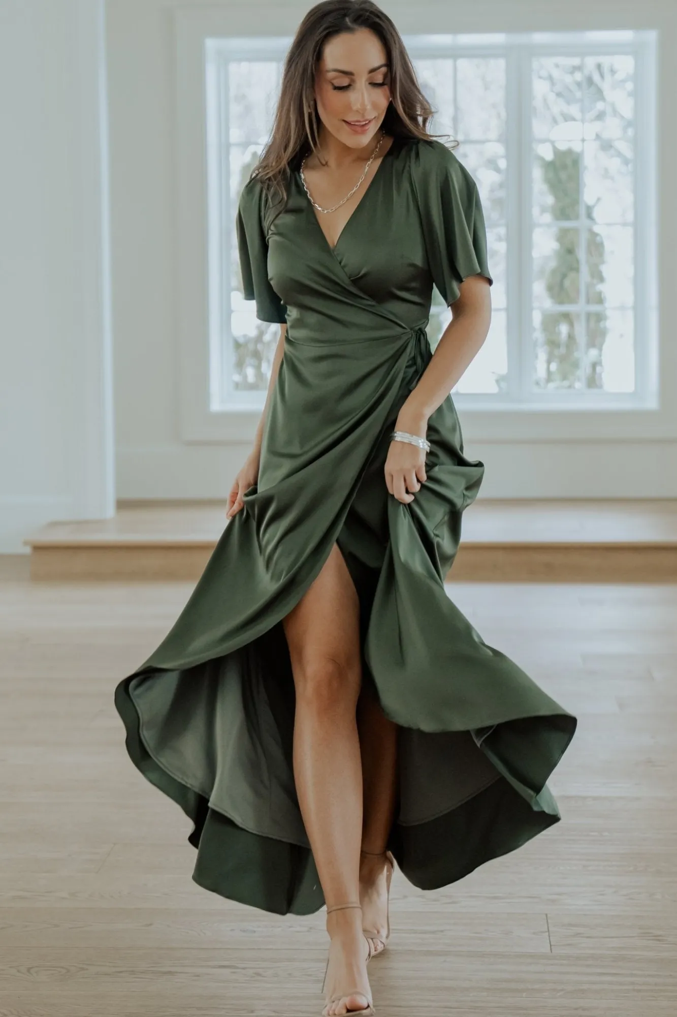 Baltic Born Vara Satin Maxi Wrap Dress | Juniper Green