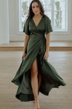 Baltic Born Vara Satin Maxi Wrap Dress | Juniper Green