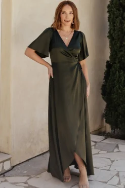 Baltic Born Vara Satin Maxi Wrap Dress | Dark Olive