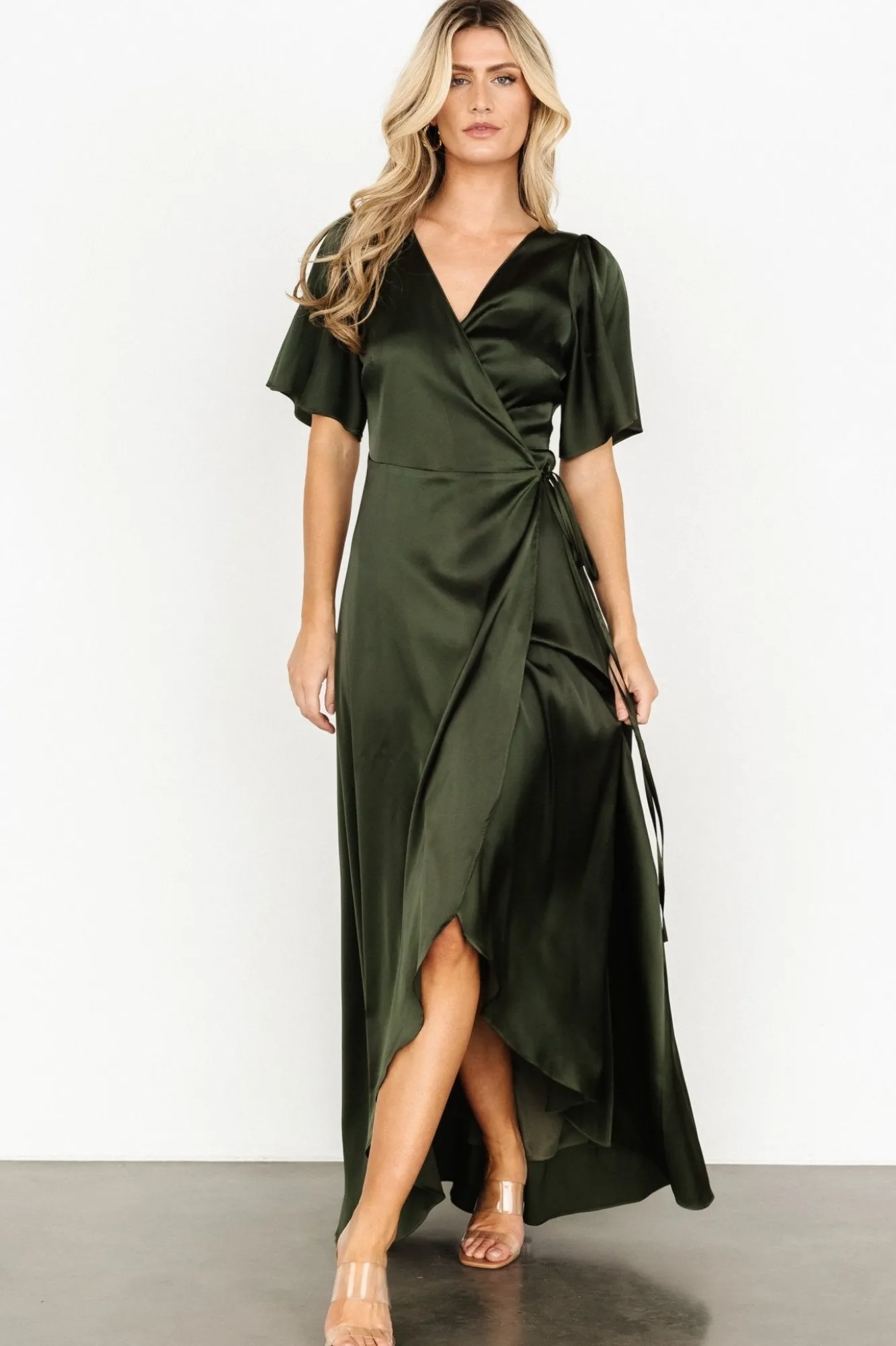 Baltic Born Vara Satin Maxi Wrap Dress | Dark Olive