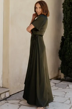 Baltic Born Vara Satin Maxi Wrap Dress | Dark Olive