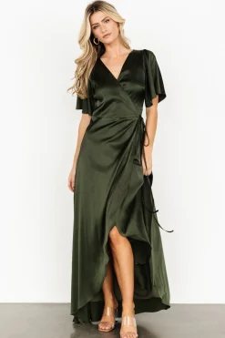 Baltic Born Vara Satin Maxi Wrap Dress | Dark Olive