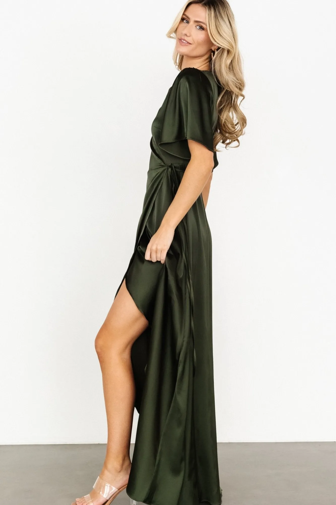 Baltic Born Vara Satin Maxi Wrap Dress | Dark Olive