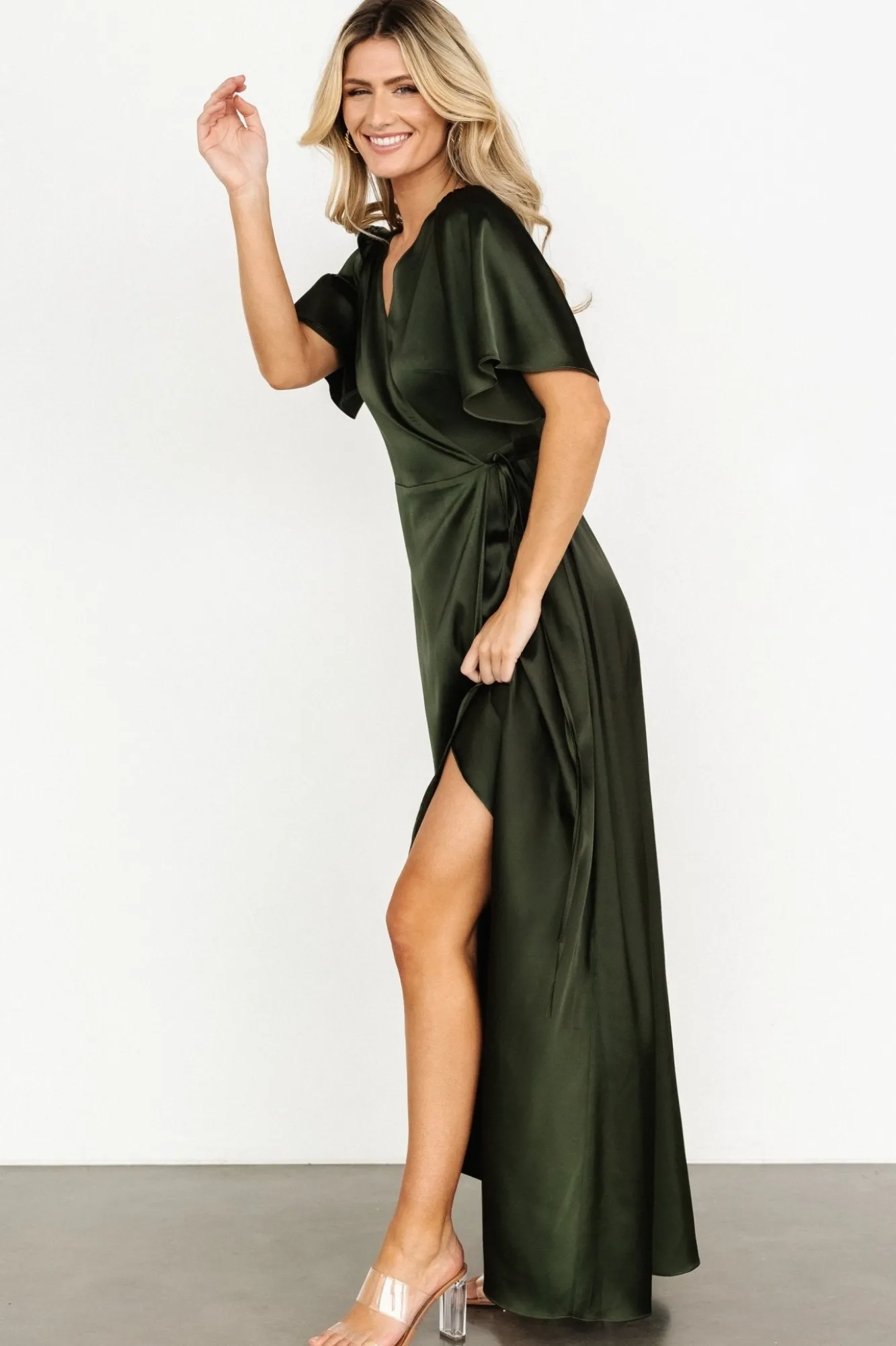 Baltic Born Vara Satin Maxi Wrap Dress | Dark Olive