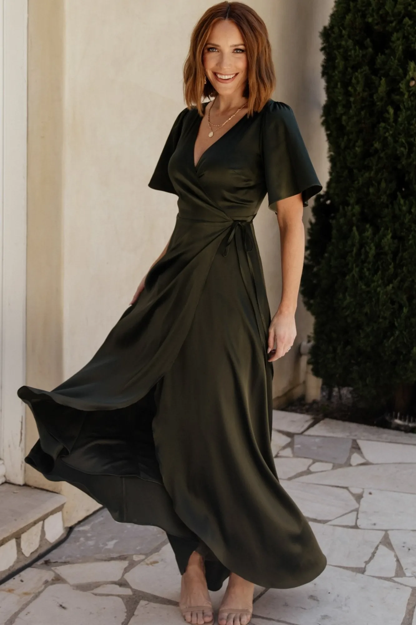 Baltic Born Vara Satin Maxi Wrap Dress | Dark Olive