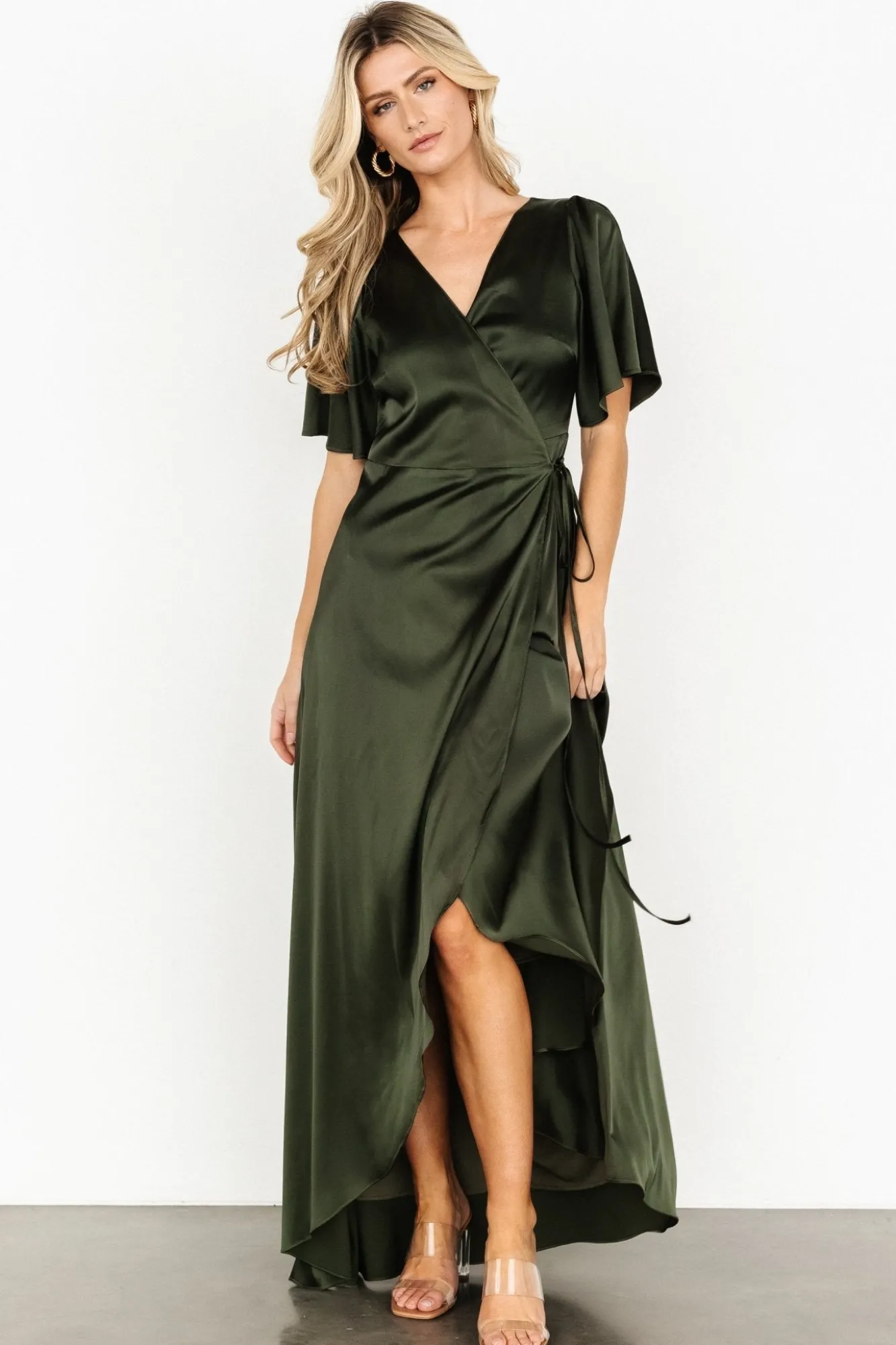 Baltic Born Vara Satin Maxi Wrap Dress | Dark Olive